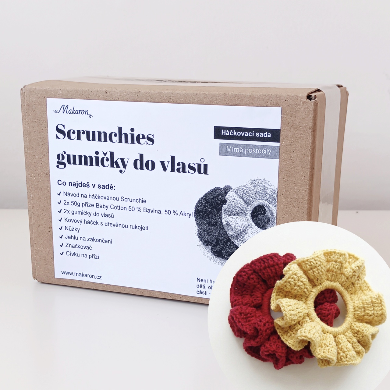Háčkovací sada Scrunchies – 2× gumičky do vlasů